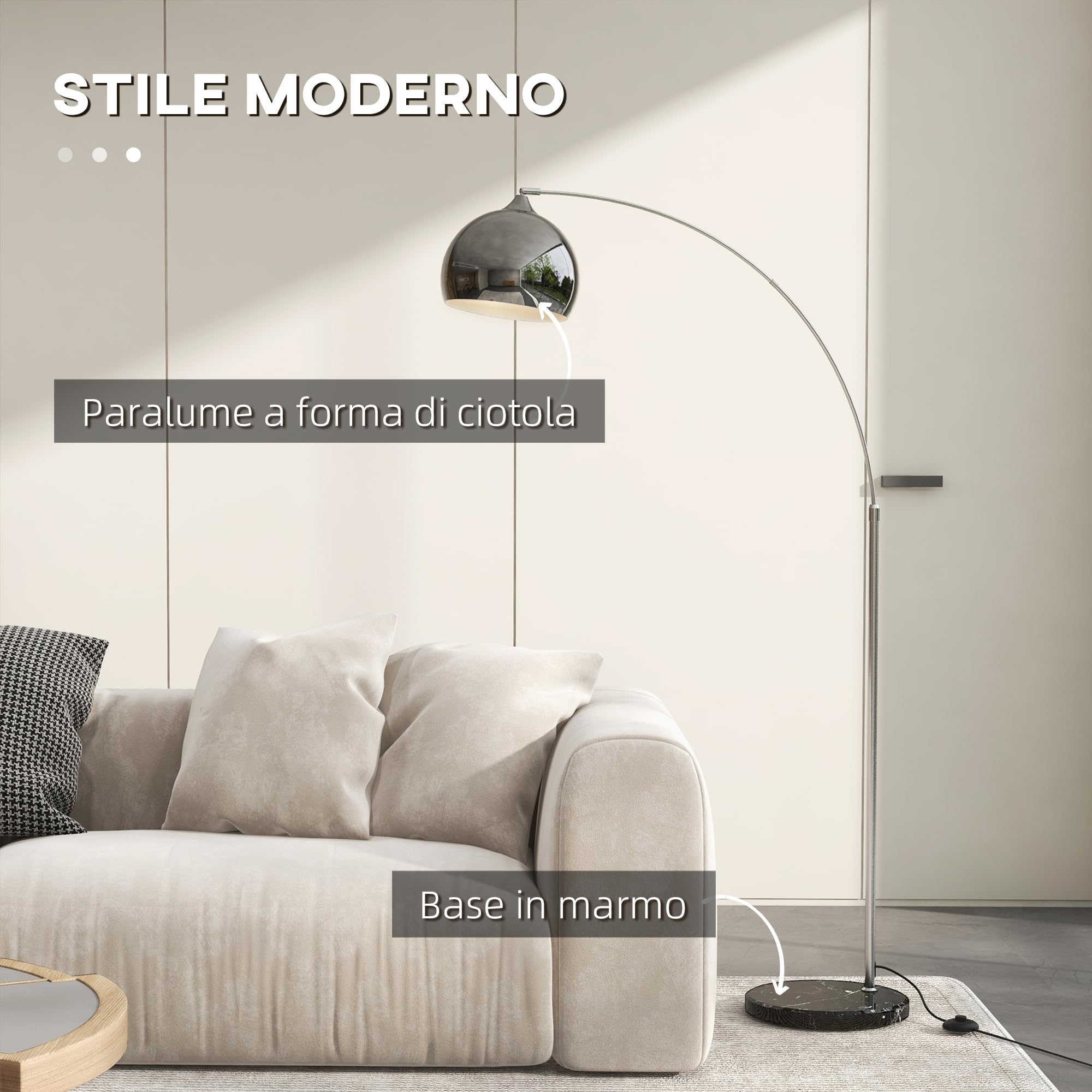 HOMCOM Lampada da Terra Vintage ad Arco, Lampada da Pavimento con Asta Regolabile e Interruttore a Pedale, Attacco E27, per Salotto e Camera, in Metallo e Marmo, Argento