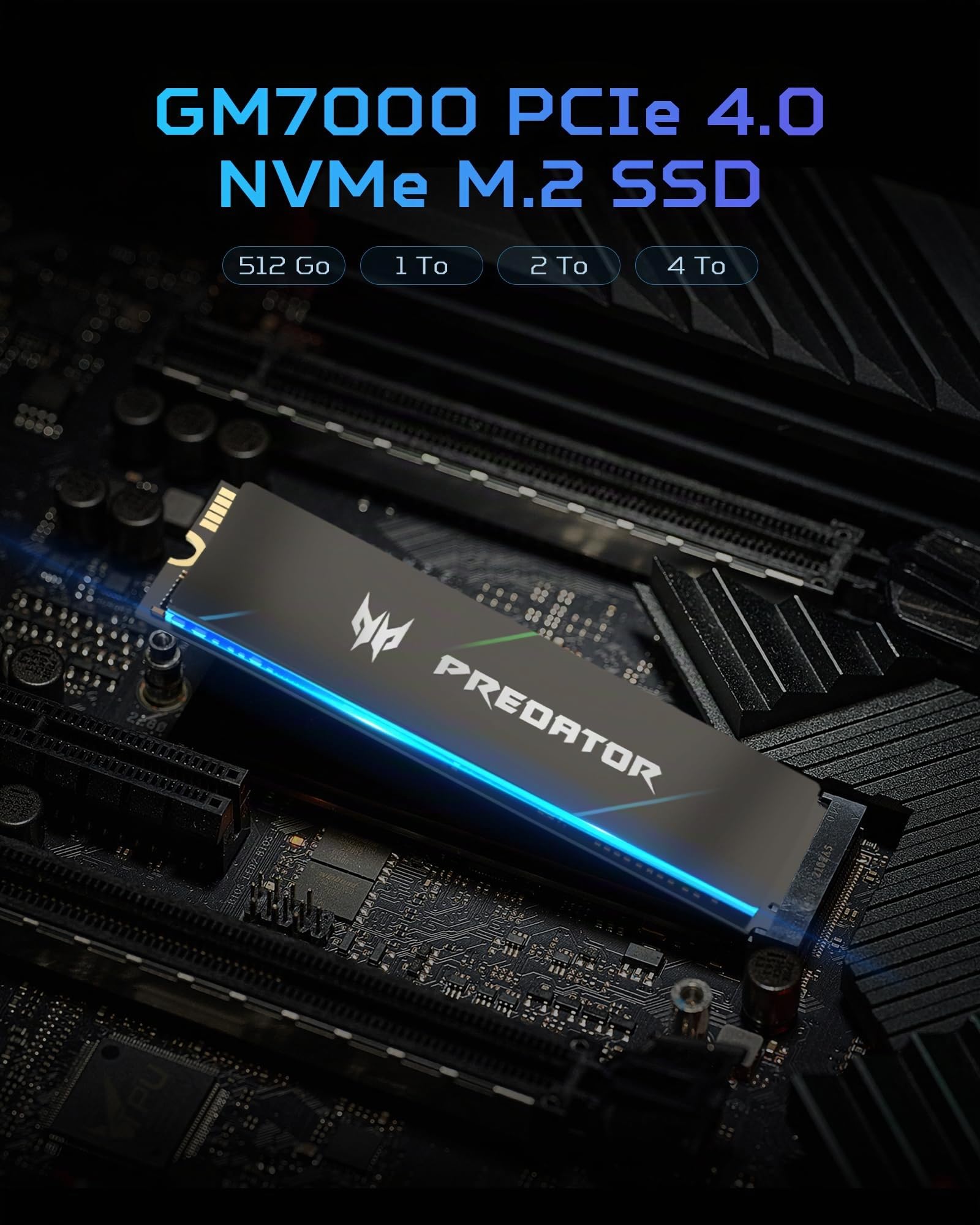 Acer Predator GM7000 Gaming SSD 2 to - Jusqu’à 7400 Mo/s en Lecture - M.2 2280 NVMe PCIe Gen4 avec Cache DRAM, SSD Interne pour Ordinateur Portable et de Bureau - Compatible PS5