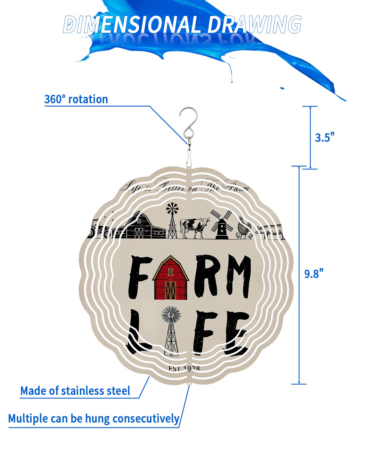 Wind Spinners for Yard and Garden Life is Always Better On The Farm Chickens Pig Barn Windmill Tractor 3D Hanging Wind Spinner Stainless Steel Outdoor Wind Mill Metal Wind Sculptures 10 Inch