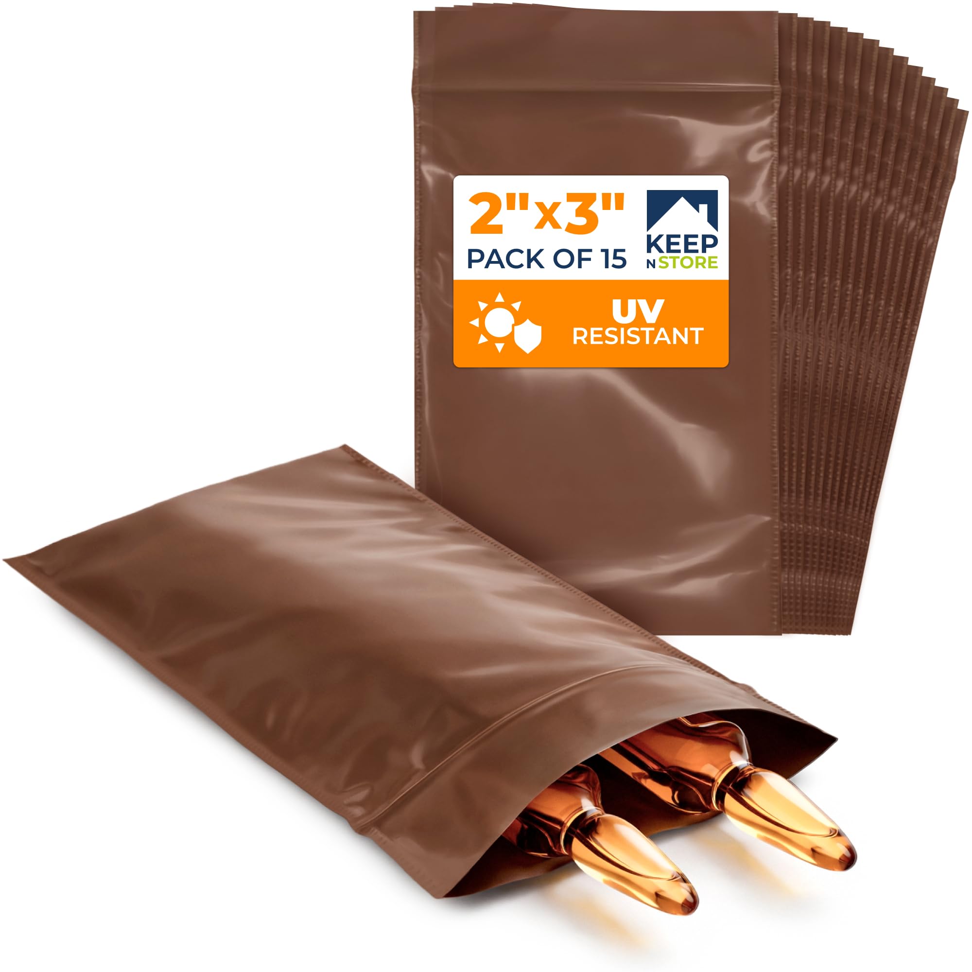 2"x 3" UV Protective Amber Zip Bags, Pack of 15 - Resealable Light-Blocking Plastic Bags for Packaging Light-Sensitive Products, Heavy Duty 3 mil Thick, Moisture Resistant Storage