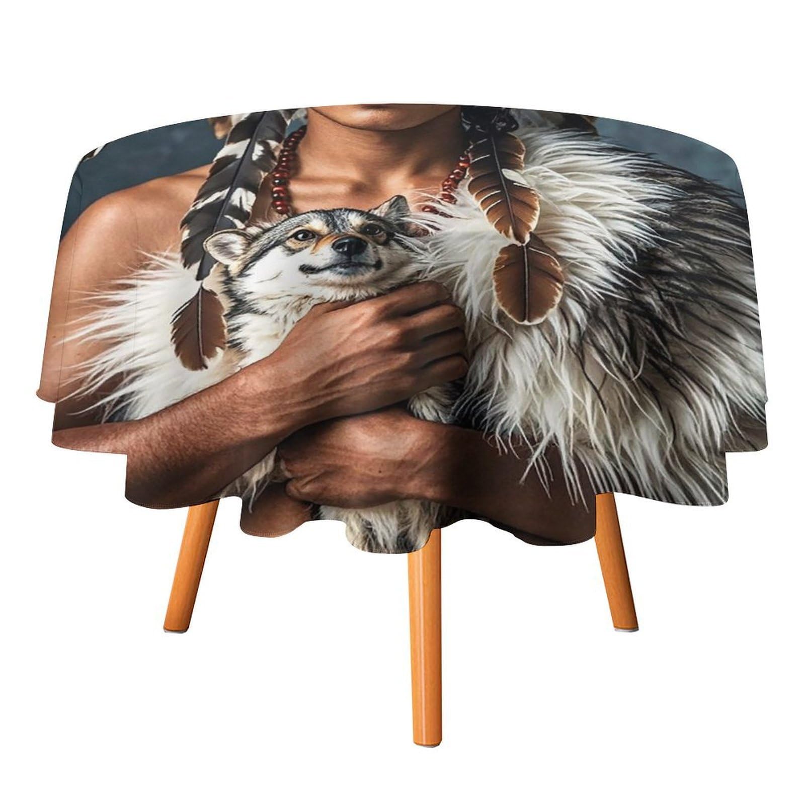 SMAZDFXX Indigenous People and Wolves Tablecloth for Restaurant, Round Polyester Table Cover 50x50in for Party