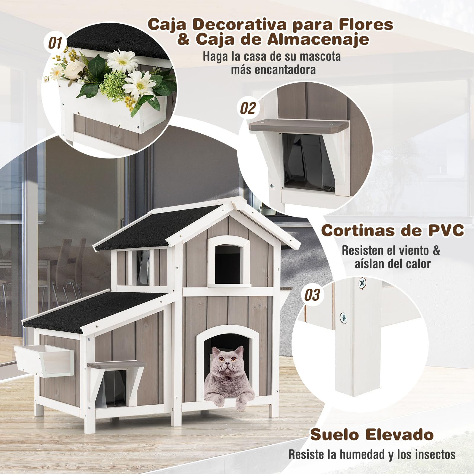 COSTWAY Casa para Gatos de Madera, Caseta para Gatos de 2 Pisos para Exteriores con Puertas de Escape, Techo Asfáltico Impermeable, Refugio para Gatitos de Interior y Exterior para Balcón y Patio
