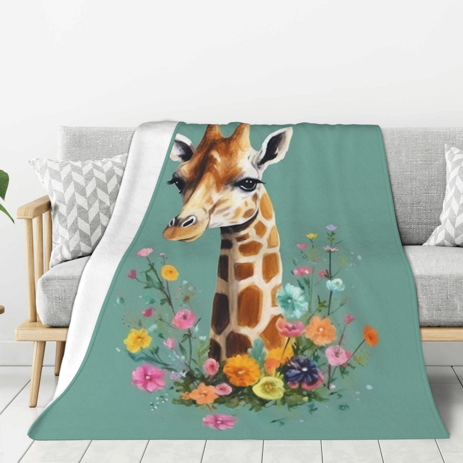 Giraffe with Flowers Throw Blanket Plush Flannel Fleece Blanket, Soft Lightweight Cozy Blankets 50"X40" for Bed Couch Sofa Travel