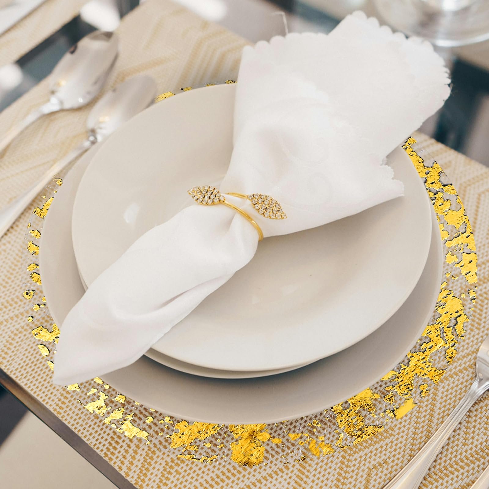 Paquete de 50 manteles individuales desechables dorados metálicos redondos de lámina dorada de 13 pulgadas, malla prensada, camino de mesa, decoración para bodas, fiestas, cenas en casa, manteles de