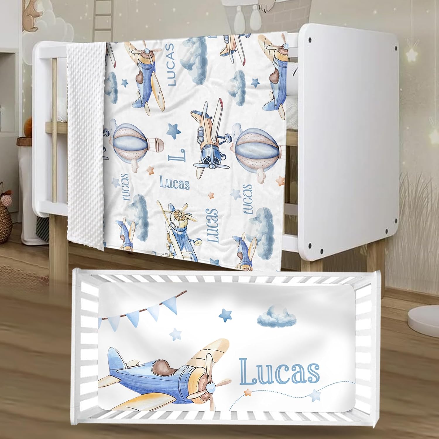 Personalized Crib Bedding Set for Boys Girls, Custom Baby Crib Sets with Name, Toy Airplane Design Nursery Bedding 2 Piece - Soft Blanket with Double Layer Dotted Backing, Crib Fitted Sheet