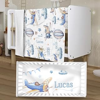 Personalized airplane two-piece crib set with blanket and fitted sheet