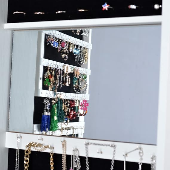 Full Length Mirror 360 Swivel Jewelry Cabinet, Standing Lockable Jewelry Mirror Cabinet Organizer, Standing Mirror with Storage, Large Capacity, Back Storage Shelves (White)