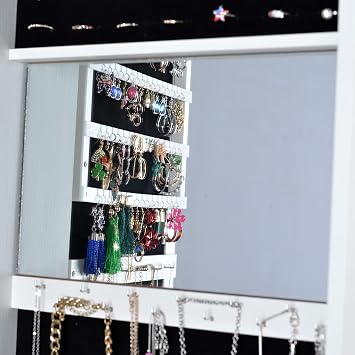 Full Length Mirror 360 Swivel Jewelry Cabinet, Standing Lockable Jewelry Mirror Cabinet Organizer, Standing Mirror with Storage, Large Capacity, Back Storage Shelves (White)