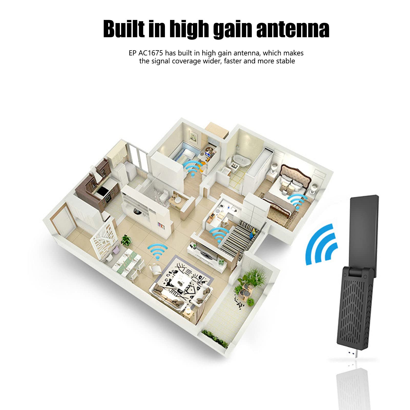 Adaptateur Sans Fil USB3.0, WIFI Partagé, Deux Bandes de Fréquence 2,4 GHz 600 MBps 5,8 GHz 1300 MBps, Antenne à Gain Élevé Intégrée, Technologie 11AC de Bande de Fréquence 5,8 GHz pour Win pour Linux