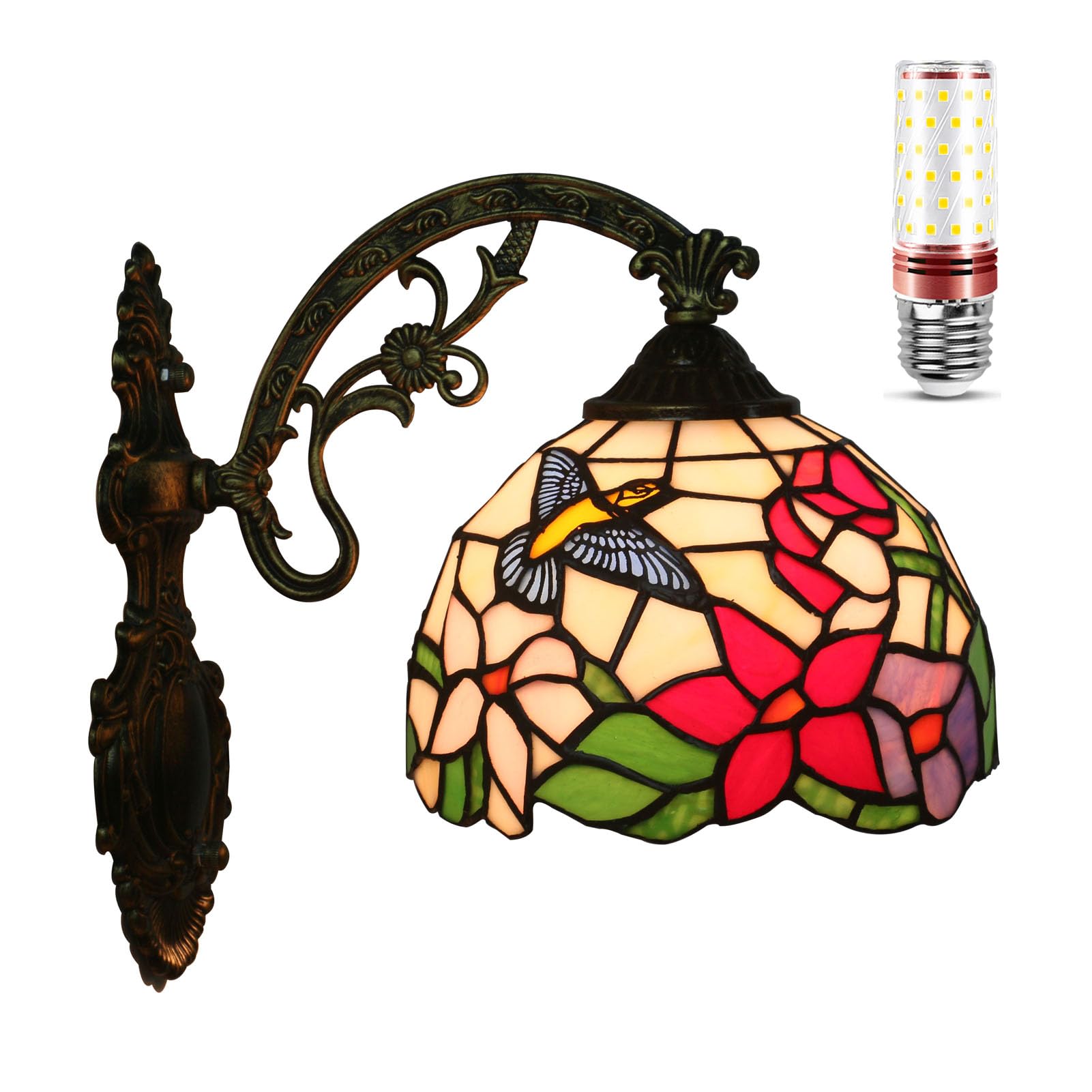 Uziqueif Wall Lights, 8 inch Tiffany Style Wall Lamp for Living Room Bedrooms Corridor Stairs Kitchen Hallway Bedside Reading Light, Art Deco Lamps with Zinc Alloy Base and Bulb,Hummingbird H