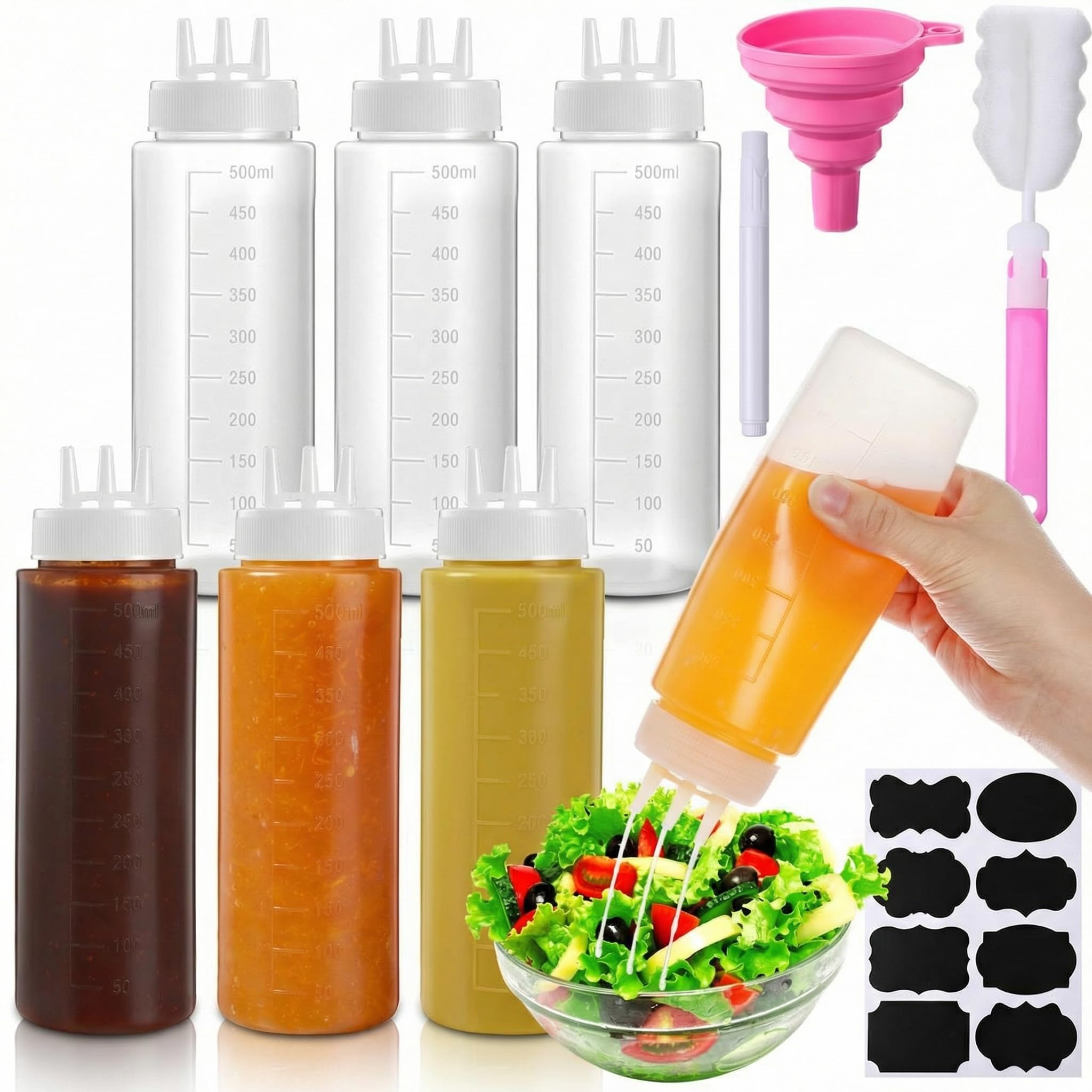 LemonRoad 6 Pcs 3 Hole Squeeze Bottles for Sauces Plastic Condiment Squeeze Bottles Tomato Sauce Ketchup Dispensers Salad Dressing Container Squirt for Oil BBQ Paint Pancake Craft(17 Oz/ 500 ml)