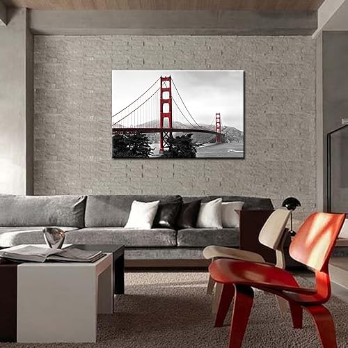Miniatura 5 de LevvArts Lienzo decorativo para pared con puente Golden Gate, pintura moderna en blanco y negro y rojo para pared, 24 x 36 pulgadas