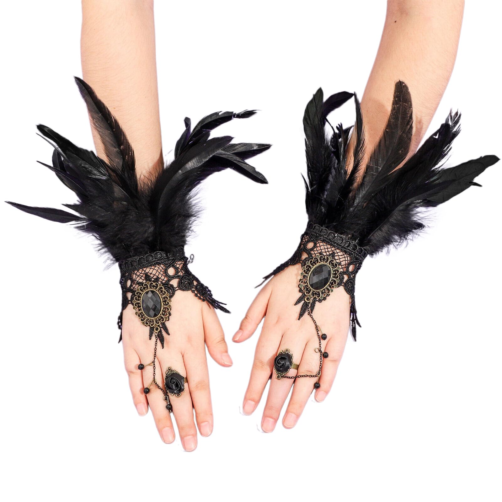 1 Pair Gothic Feather Wrist Cuffs Punk Carnival Dyed Rooster Feather Gloves Fancy Dress Cosplay Halloween Costume Witch Demon Crow Gloves