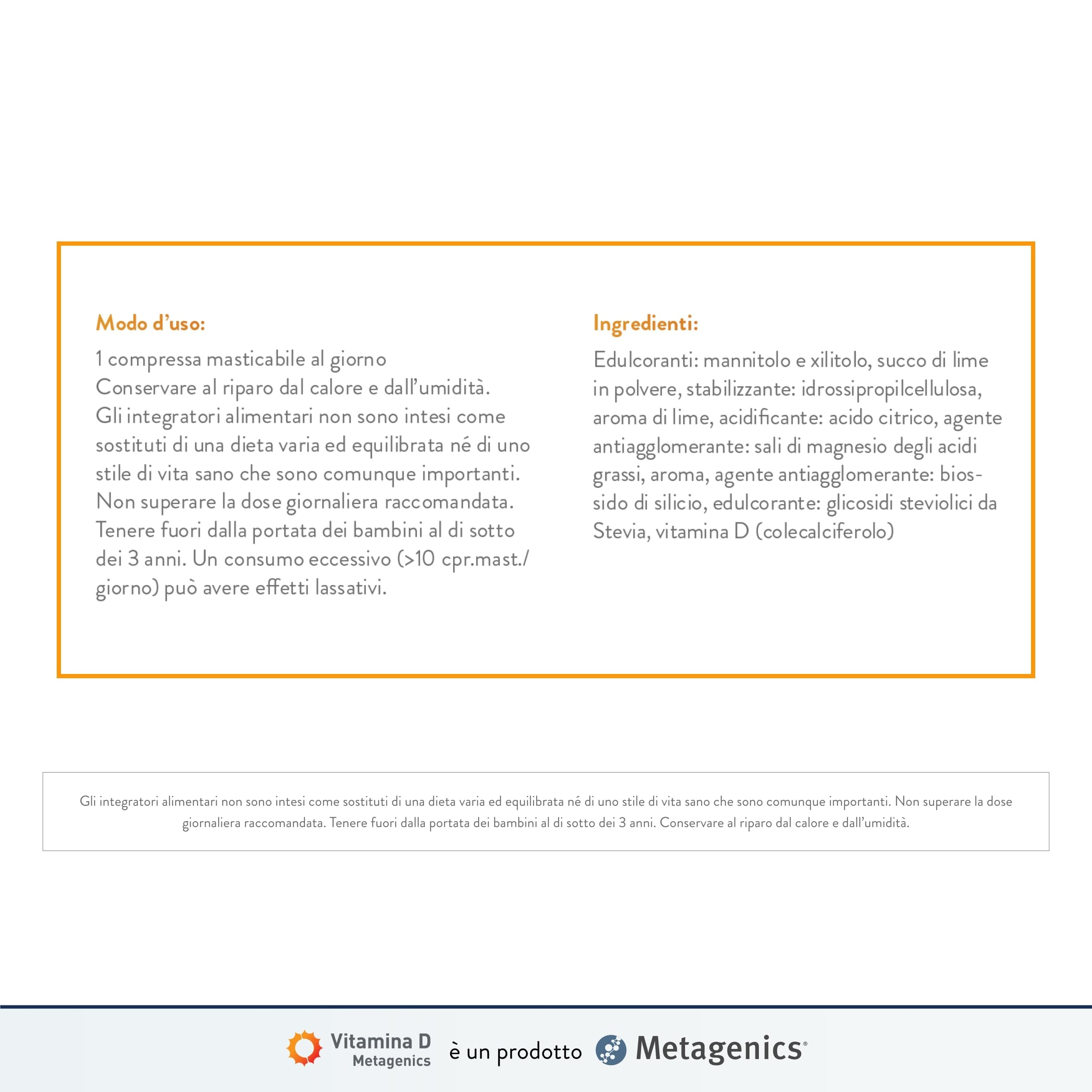 Metagenics Vitamina D 1000 U.I. - Integratore Sistema Immunitario - Per la Salute delle Ossa - 168 Compresse Masticabili