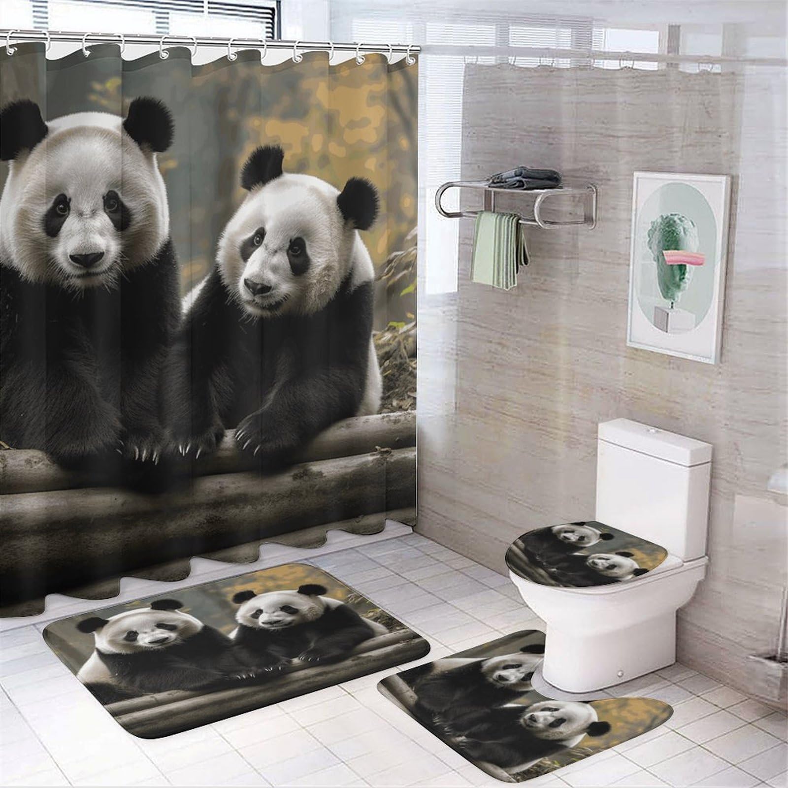 Rideaux de douche deux grands pandas pour décoration de salle de bain familiale avec tapis