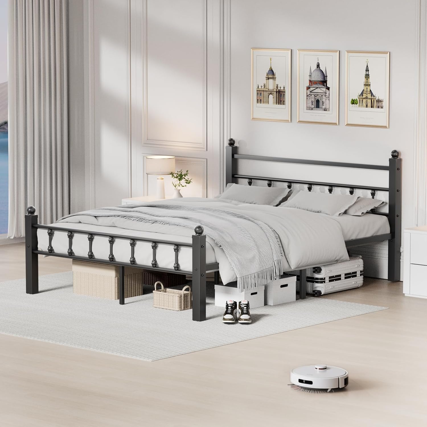 Metal Queen Size Bed Frames with Headboard, Noise-Free Design & Underbed Storage Heavy Duty Bed Frames with Headboard No Box Spring Needed/Tool-Free Assembly Queen (U.S. Standard)