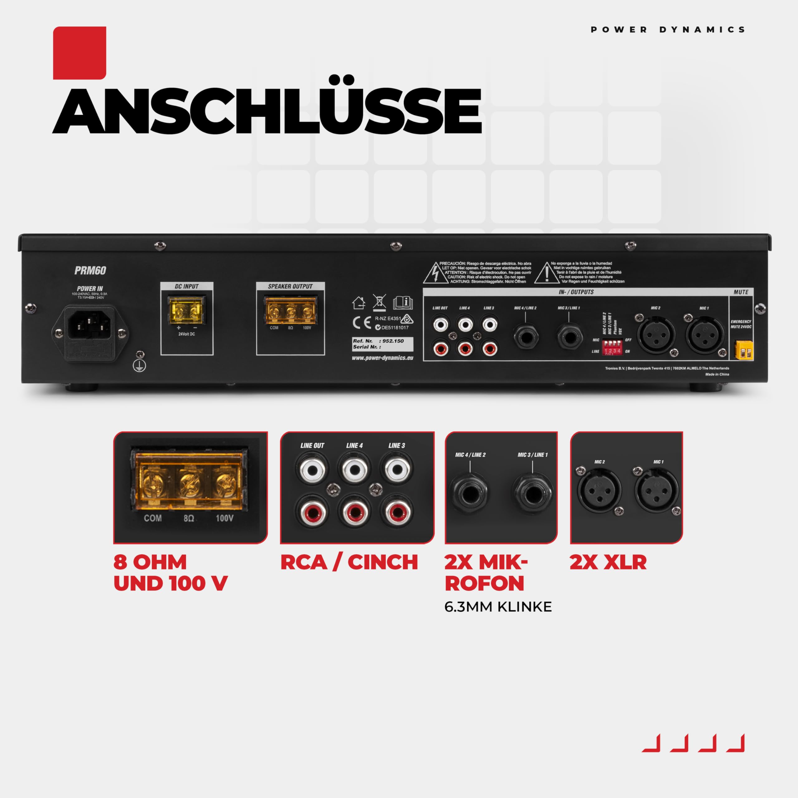 Power Dynamics PRM60 PA Endstufe - Verstärker für Lautsprecher und Musikanlagen, 100 Volt System, 60 Watt PA Verstärker, Bluetooth, MP3-Player, USB, SD, 2x Mic, Soundverstärker