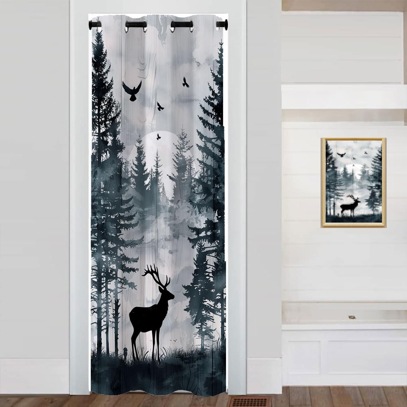 Rustic Cabin Deer Doorway Curtain, Retro Deer Autumn Nature Woodland Wildlife Animal Farmhouse Room Darkening Blackout Curtain for Kids Boys Girls Teens Bedroom Living Room, 1 Panel 42"W X 80"L