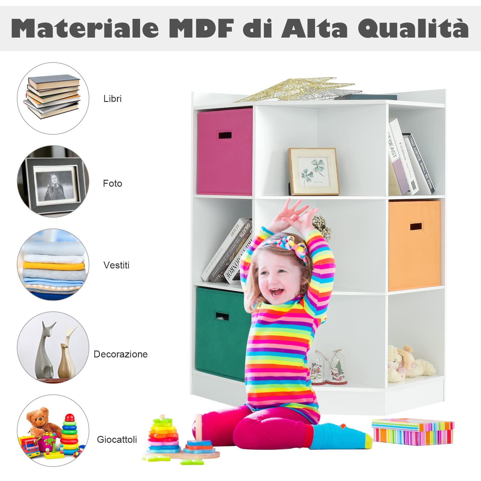 COSTWAY Scaffale Angolare, Scaffale ad Angolo con Tre Cestini Colorati e 9 Ripiani, per Casa, Soggiorno e Camera da Letto, 81x 61 x 94cm (Bianco)