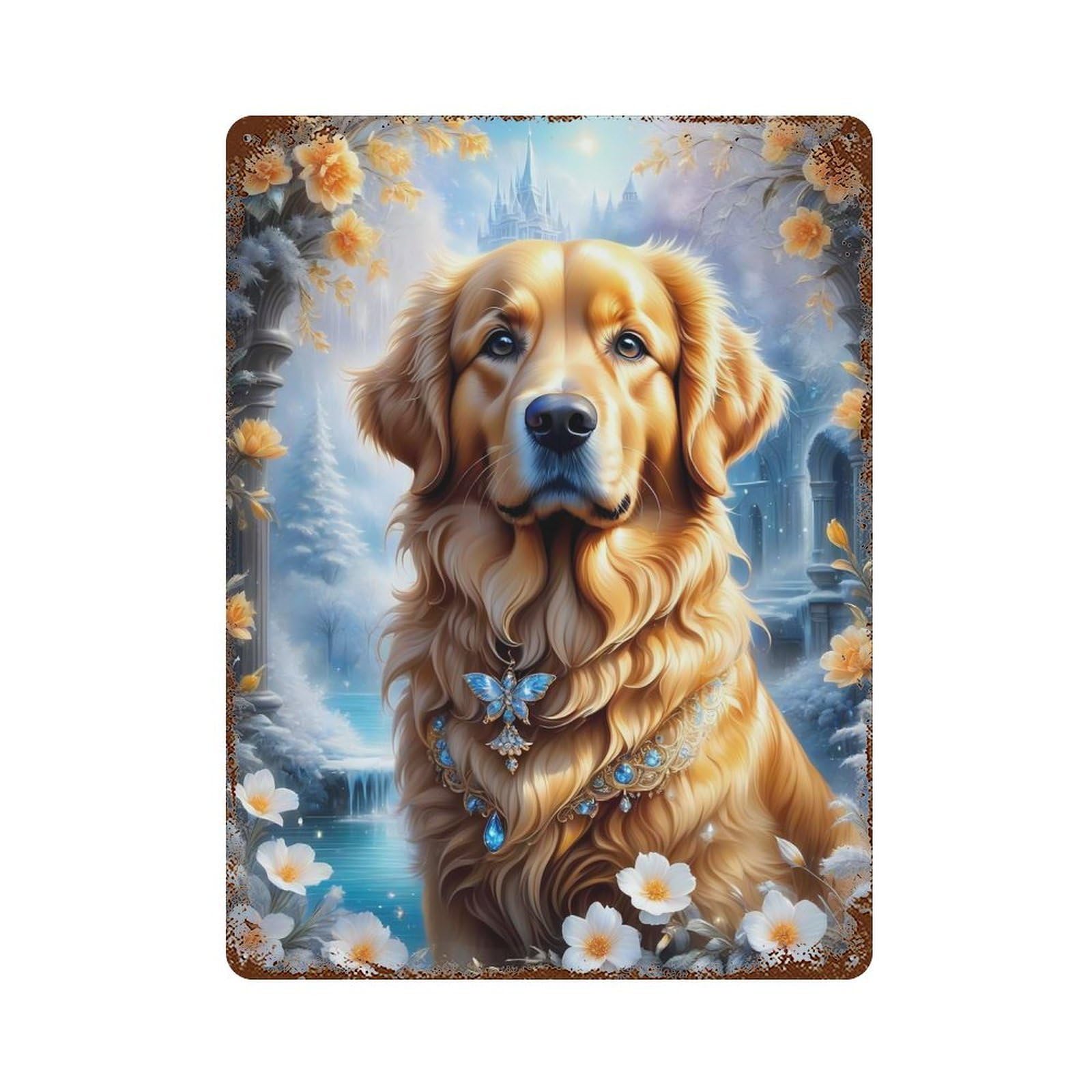 Aged Metal Wall Plaque with Fantasy Golden Retriever Design 15.7"x11.8", for Farmhouse, Kitchen And Entryway Decor, Old School Wall Decor