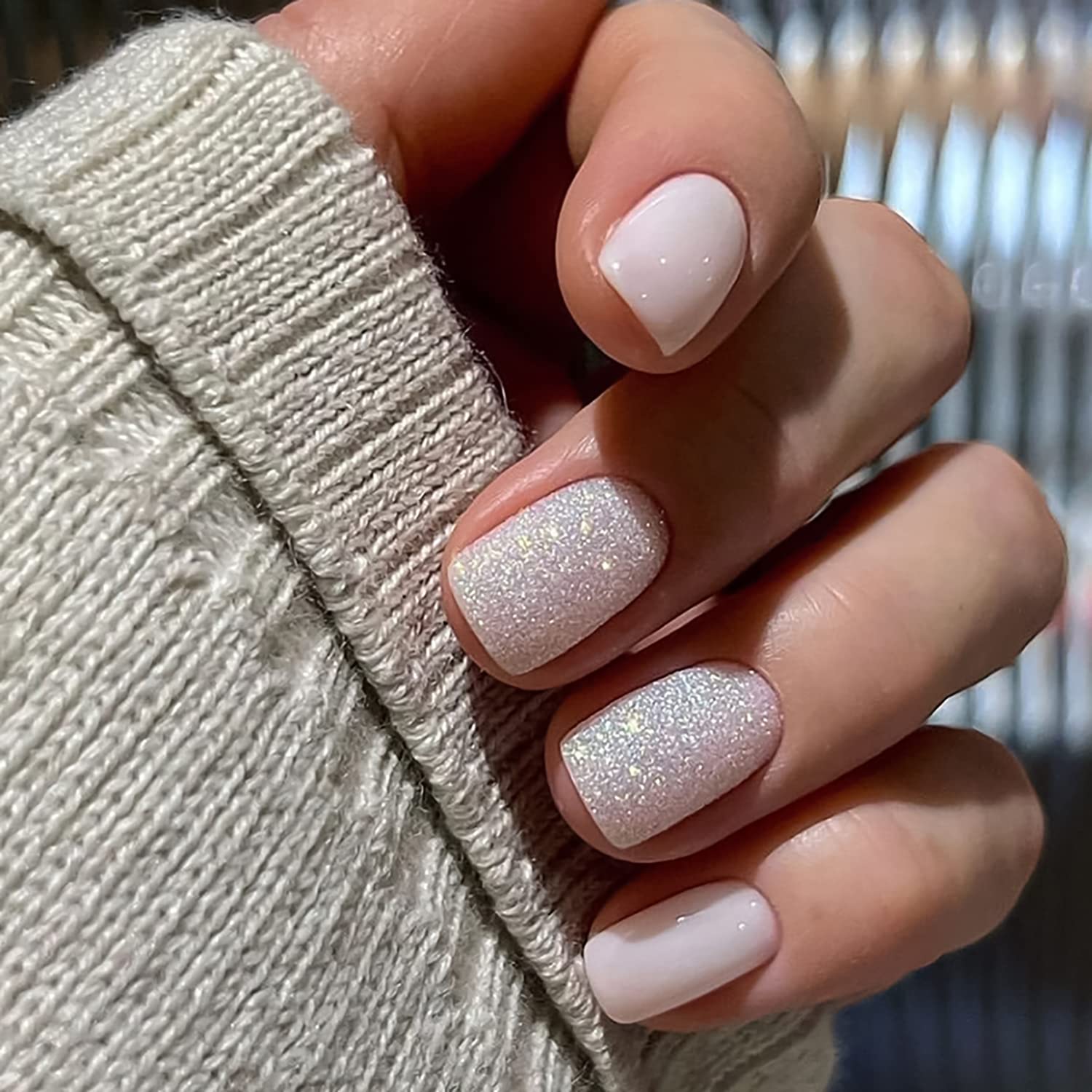 24 Pcs Glitter Press on Nails Short Square Fake Nails Light Pink False