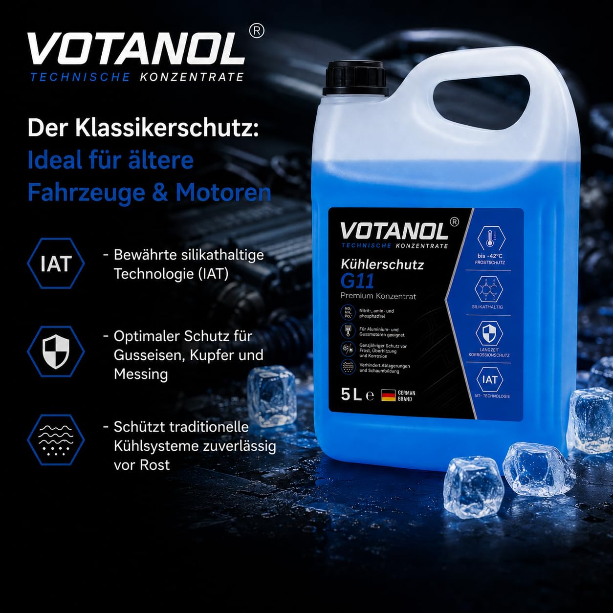 VOTANOL® 20 Liter Kühlerschutz G11 Konzentrat - Premium Kühlerfrostschutz Blau/Grün – Silikathaltige IAT-Technologie für Oldtimer, Youngtimer & Klassische Motoren