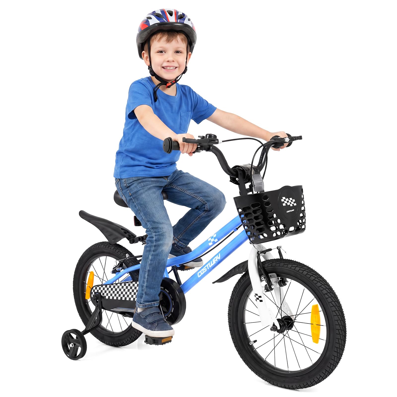 COSTWAY Bicicleta Niños 14/16 Pulgadas, Bicicleta Infantil con Ruedas Estabilizadoras Desmontables, Freno de Mano y en V, Asiento y Manillar Ajustables, Cesta y Campana