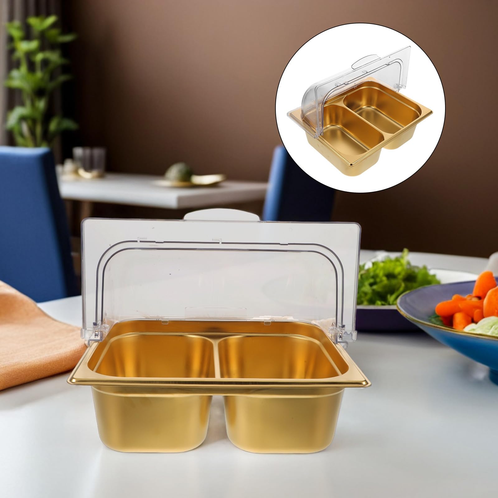 Plat de Service en Acier Inoxydable Double Compartiment pour Buffet | Finition Or, Séparation des Aliments, Nettoyage Facile, Usage Traiteur Cuisine Professionnelle