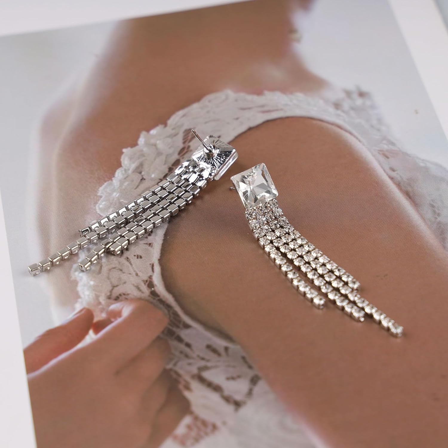 Boho Crystal Tassel Chain Earrings Silver Cz Square Stud Earrings Crystal Chandelier Dangle Earrings Long Rhinestone Fringe Earrings Jewelry for Women - Image 4