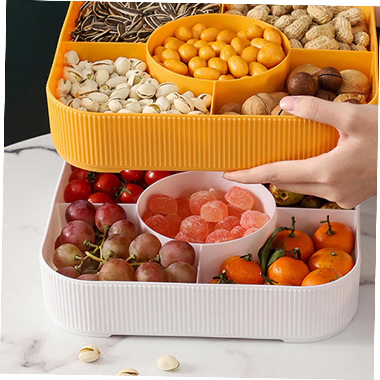 PRETYZOOM 1pezzi Contenitore Per Snack Multiplo Con Coperchio Vassoio Scomparti Per Frutta Secca e Dolci Per Feste Compleanni e Occasioni Speciali