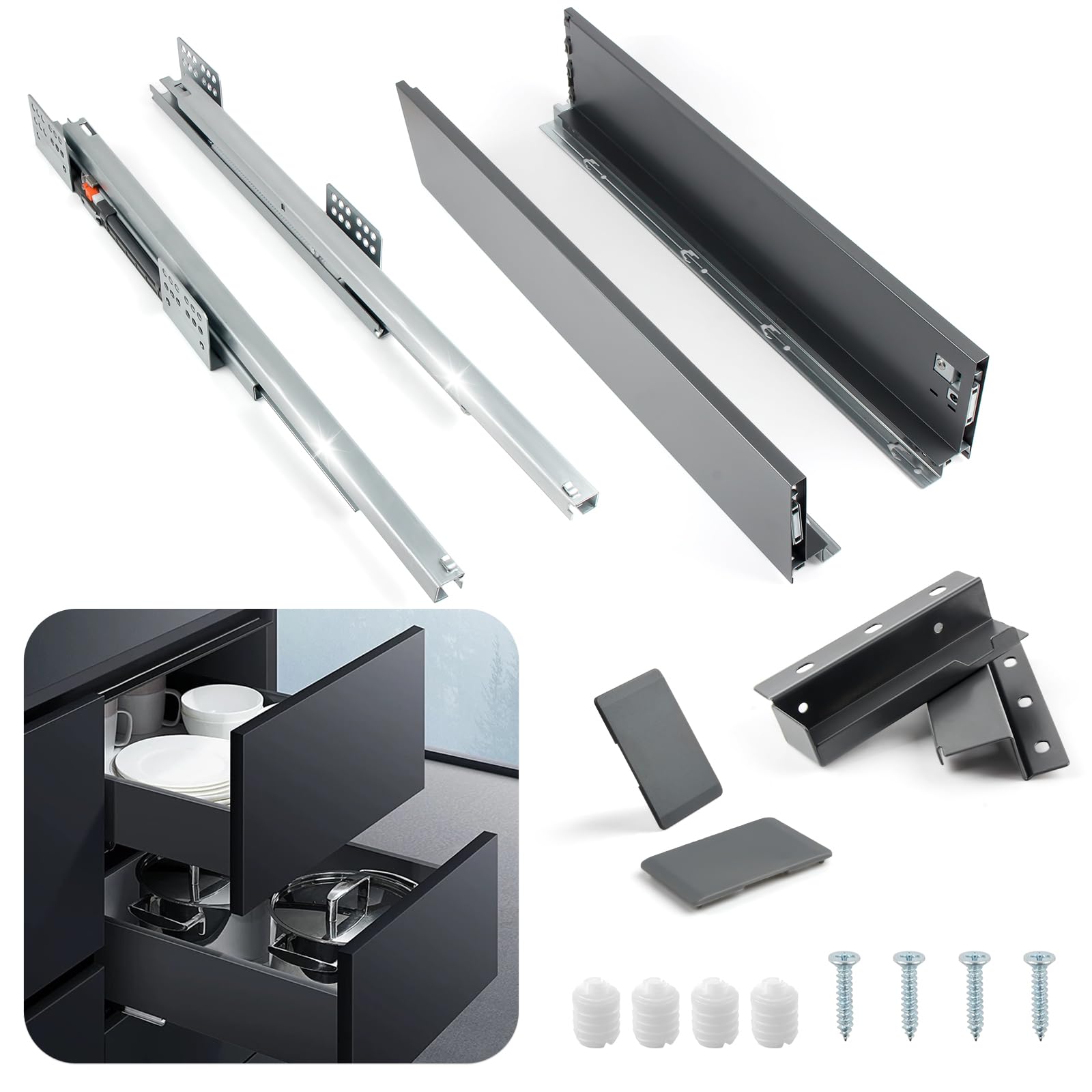 Slim Wall Drawer System, Ultra-Thin Tandem Box Slide, Slim Soft Close Drawer Slide Full Extension, Kitchen/Cabinet/Office Drawer System, Soft Close Runner 100LB (1 Pack, Slide 22in, Side Wall 4.5in)