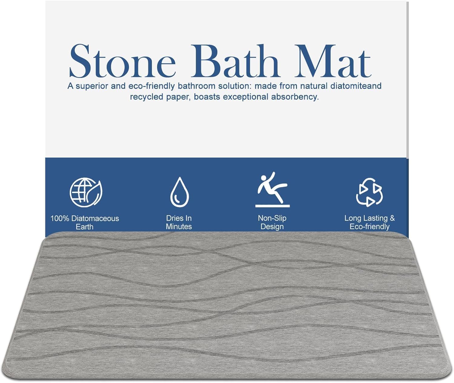 DAWNTREES Stone Bath Mat, Diatomaceous Earth Shower Mat, Ultra Absorbent, Fast Drying, Non-Slip Bathroom Floor Mat for Kitchen & Bath - 60x39 cm (Grey Wave) — image 1