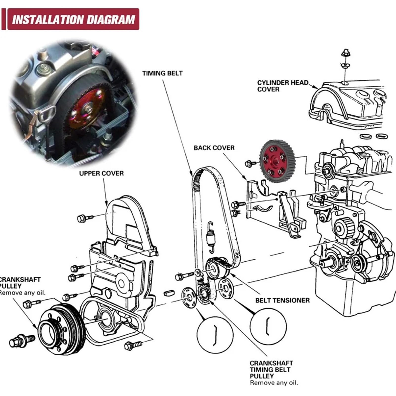 Napinacz napędu i zestaw paska Regulowane Koło Rozrządu Ze Stopu Metali, Pasujące Do Silnika HONDA SOHC D15/D16 D-SERIES, Koła Pasowe Wałka, 1 Szt. LZ6542(Red)