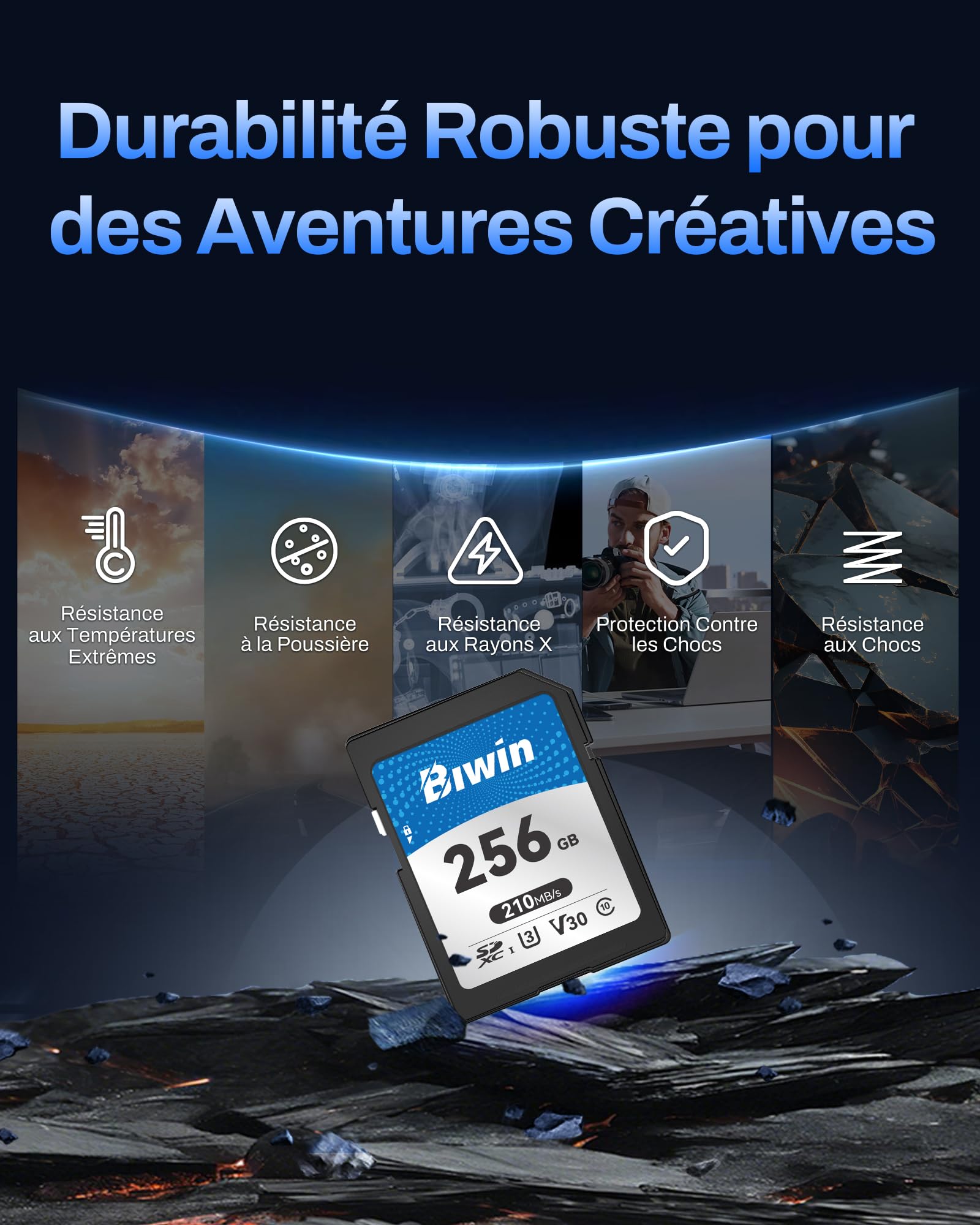 Carte SD Biwin SD210, 256 Go, SDXC V30 UHS-I, Classe 10, jusqu'à 210 Mo/s en Lecture. Robuste, Compatible 4K UHD. Idéale pour créateurs.