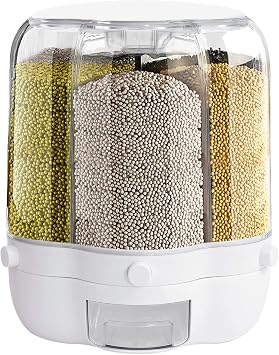 Rice and Grain Dispenser, 27 Lbs 360 Rotating Food Storage Container, Large Cereal Dispenser with 6 Compartments Holder, Food Dispenser Kitchen Organization and Pantry Store for Cereal Dry Food