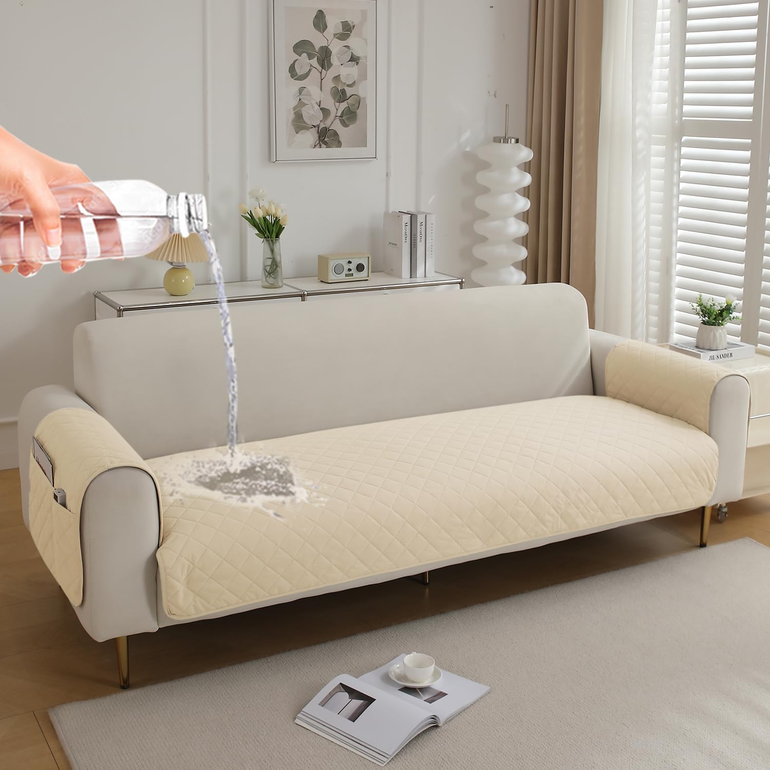 HOKIPO Waterproof + Anti-Slip + Quick Dry Sofa Seat Mat for 1 Seater Sofa with 2 Armrest Covers with Pockets, Cream (AR-5272-80-CRM)-image-43