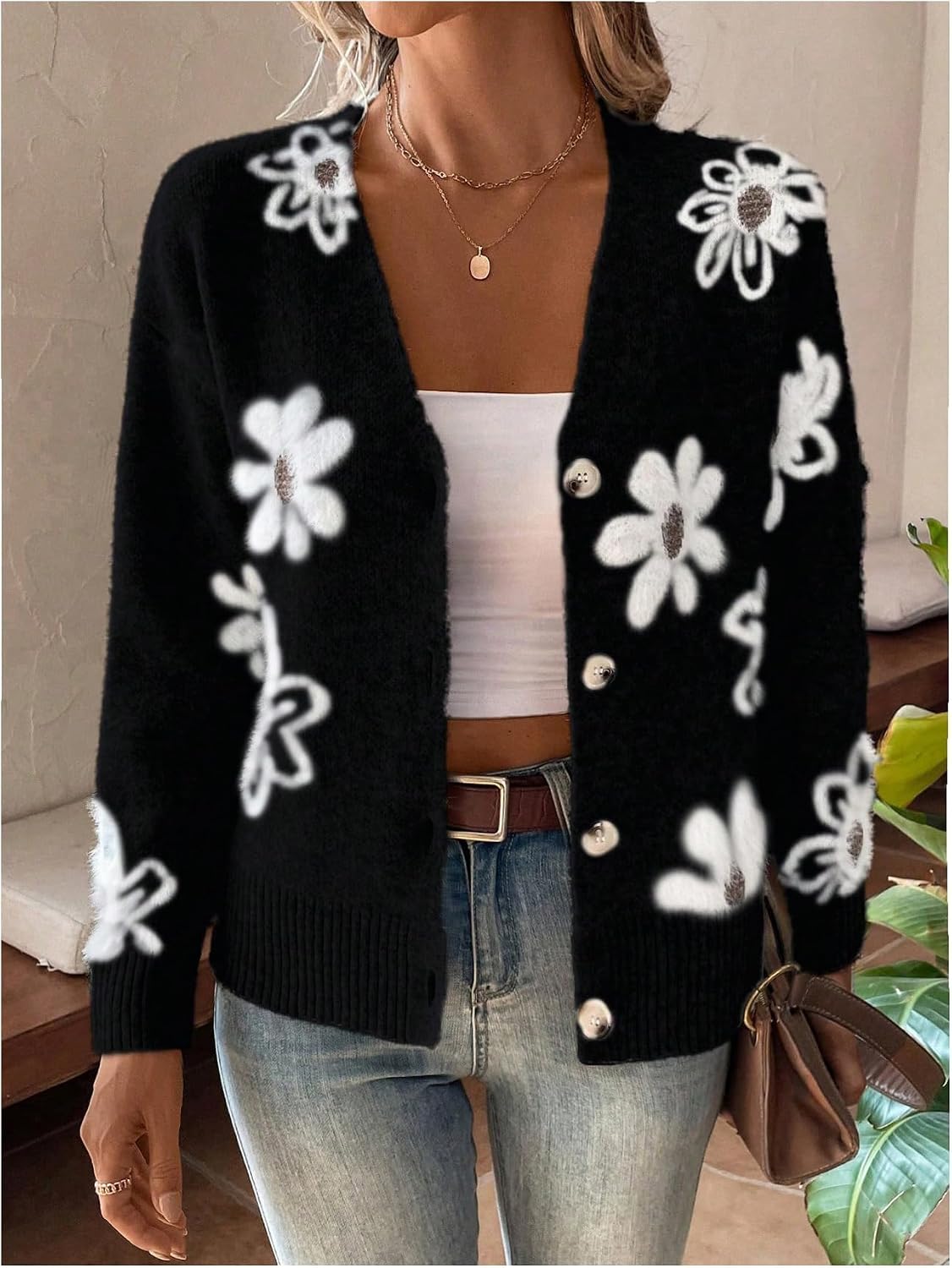 SHENHE Women's Floral Cardigan Sweater Open Front Long Sleeve Button Down Knit Sweater Outerwear
