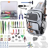 VKVXCLON Waterproof Fishing Backpack with Tackle Boxes, Rod Holder, 136pc Lures Kit, Pliers, Gripper - Gray Gift for Men