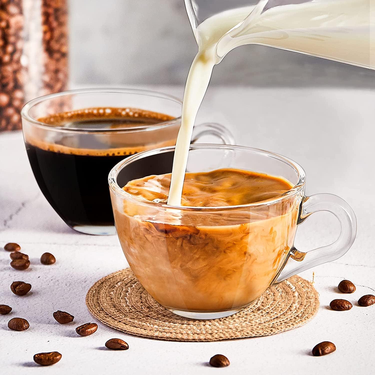 Italian Design Clear Glass Tea Cup and Coffee Mug with Handle Set of 6 for Cappuccino, Espresso,Warm Beverage Mugs (210ml)