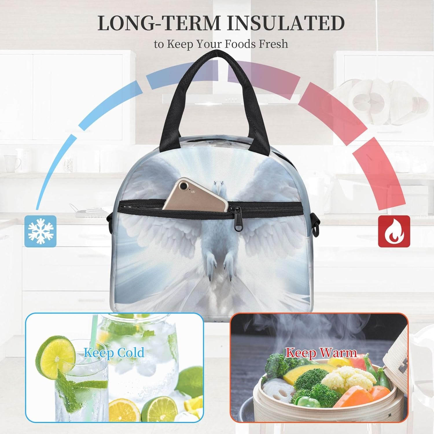 Angel Wing Print Reusable Lunch Bag Insulated Lunch Boxes for Office Work Picnic Tote Bag Adjustable