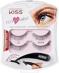 KISS Ever EZ Lashes Pacote Duplo Nº 03, Kit Iniciante de Cílios Naturais Reutilizáveis, Inclui Aplicador de Ângulo Fácil e 2 Pares de Cílios Postiços de Cabelo Humano Preto