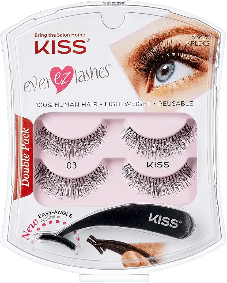 KISS Ever EZ Lashes Pacote Duplo Nº 03, Kit Iniciante de Cílios Naturais Reutilizáveis, Inclui Aplicador de Ângulo Fácil e 2 Pares de Cílios Postiços de Cabelo Humano Preto
