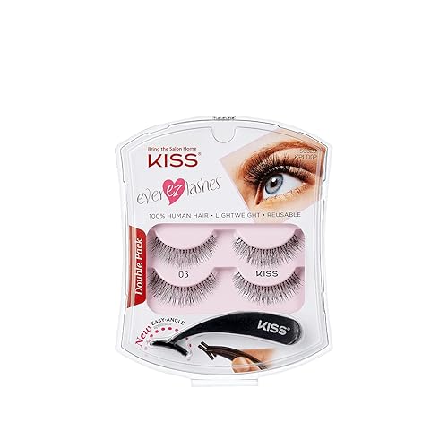 KISS Ever EZ Lashes - Paquete doble No. 03, kit de inicio de pestañas naturales reutilizables, incluye aplicador de ángulo fácil y 2 pares de