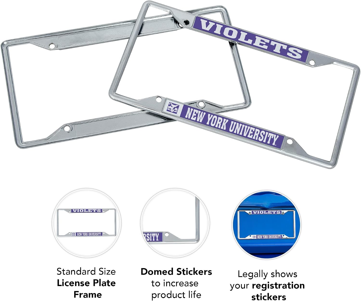 Desert Cactus New York University Car Accessories NYU Violets Metal License Plate Frame for Front or Rear of Car (Mascot 2 Pack)