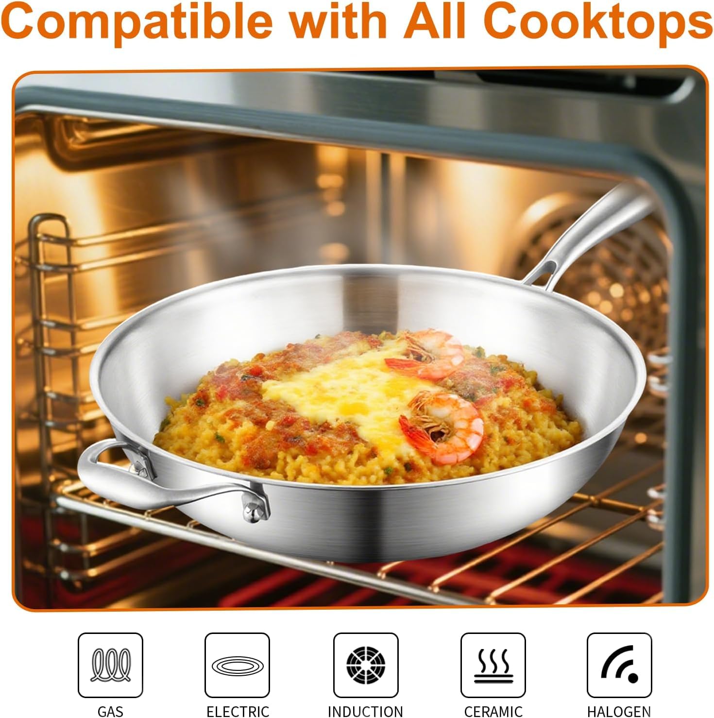 Sartén wok sin revestimiento para inducción 30 cm: 3 capas de acero inoxidable, sin PFOA, PTFE, con tapa y asas, apta para horno hasta 400 °C