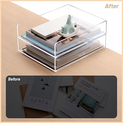 Miniatura 7 de SANRUI Organizador de papel para escritorio, bandeja apilable de acrílico, organizador de escritorio transparente, clasificador de papel para