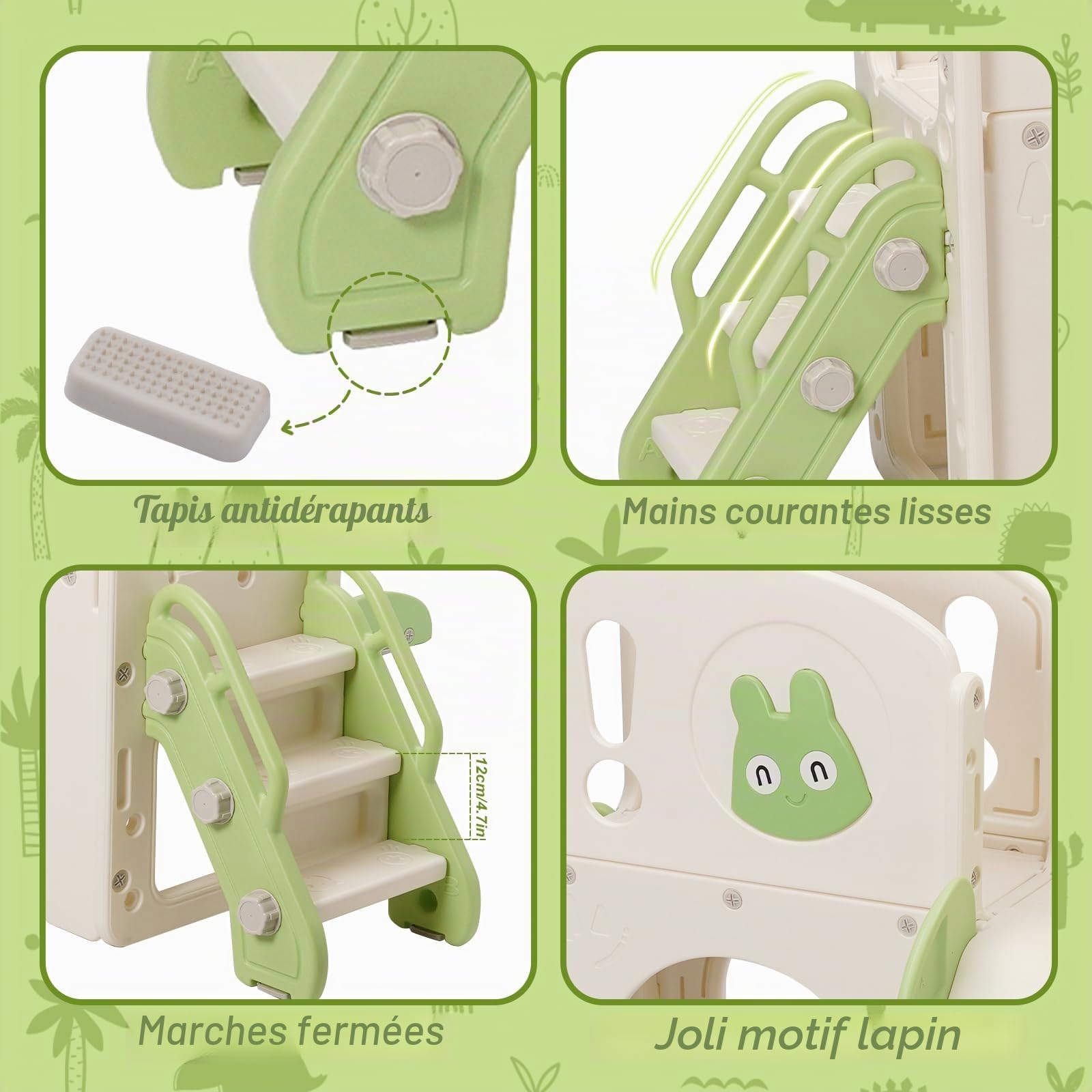 Toboggan pour enfants avec cadre d'escalade, toboggan pour enfants 6 en 1 avec télescope, panier de basket, plateforme de marche, aire de jeux pour enfants, longueur du toboggan 160 cm (vert)