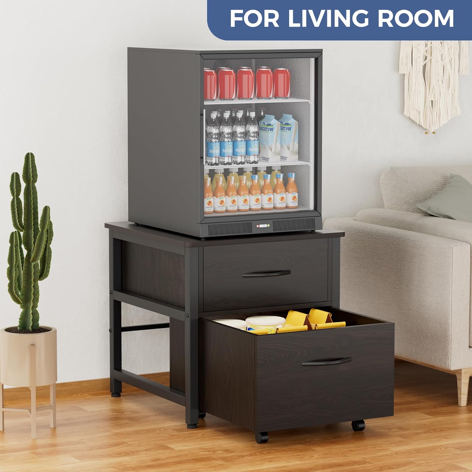 COOLBEBE Mini Fridge Stand with 2 Storage, 22" D x 23" W Heavy Duty Fridge Cabinet, Beverage Refrigerator Table Stand for Dorm, Home, Office, Bedroom, Black Walnut
