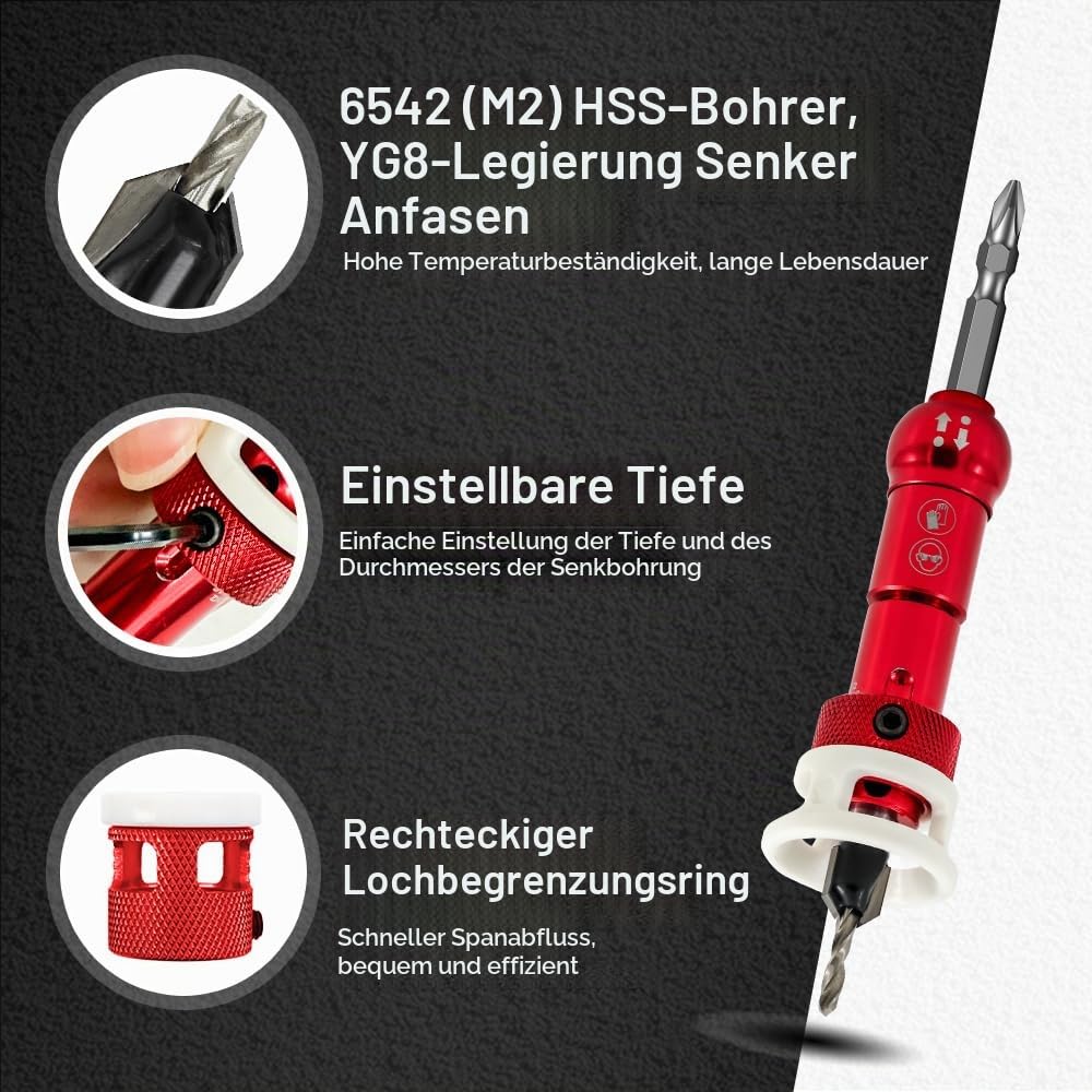 FOCSTOL Senkbohrer Holz Kegelsenker Bohrer Set mit Tiefenanschlag - 5 Stück (3,2/3,6/4/4,4/4,8mm) Bohrsenker mit Tiefenanschlag mit 6,35mm Sechskantschaft für Holz, Kunststoff, Holzverarbeitung