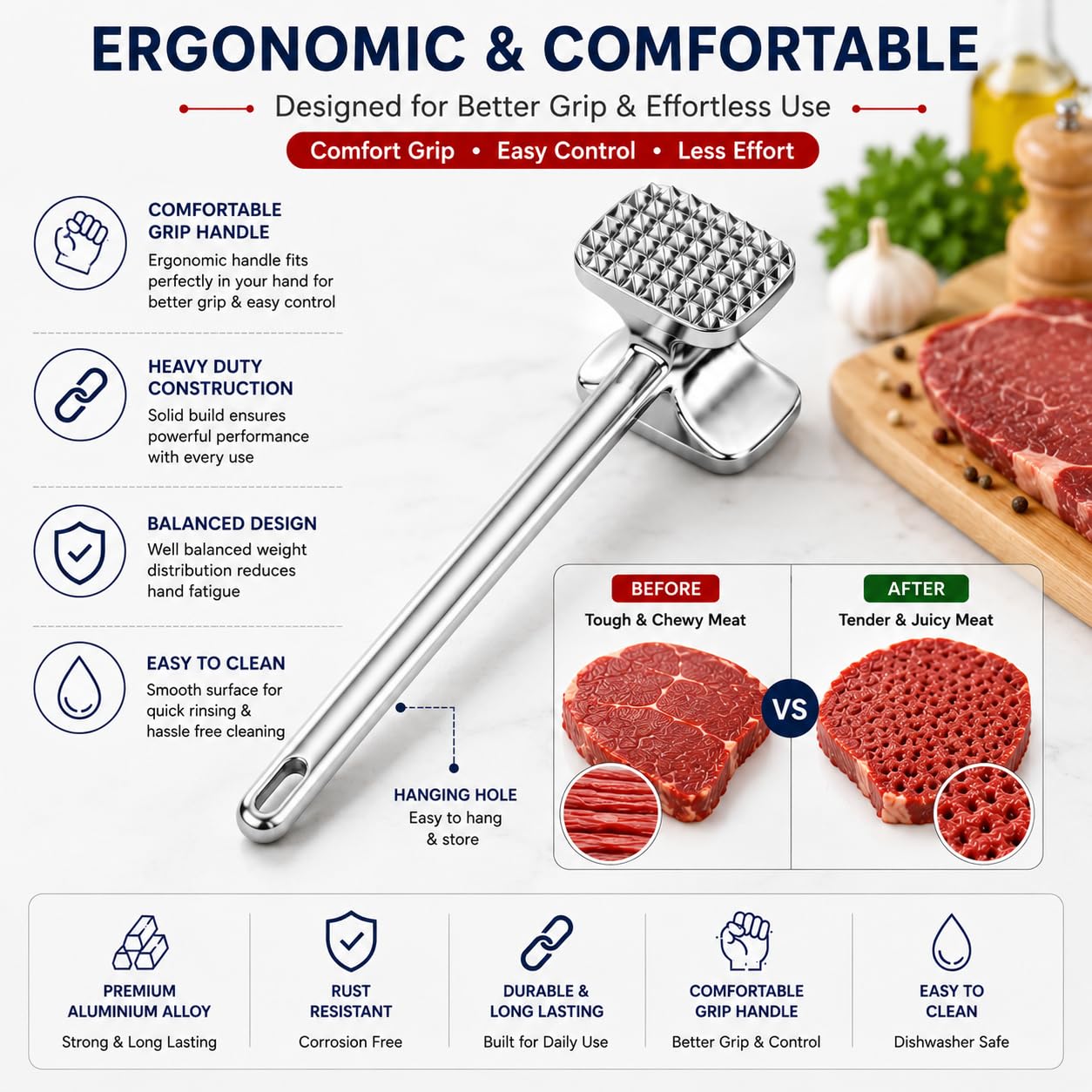Zollyss Aluminium Meat Tenderizer Hammer | Double Sided Meat Mallet for Steak, Chicken, Beef & Pork | Heavy Duty Meat Pounder | Kitchen Meat Hammer for Tenderizing & Flattening Meat | Silver 3